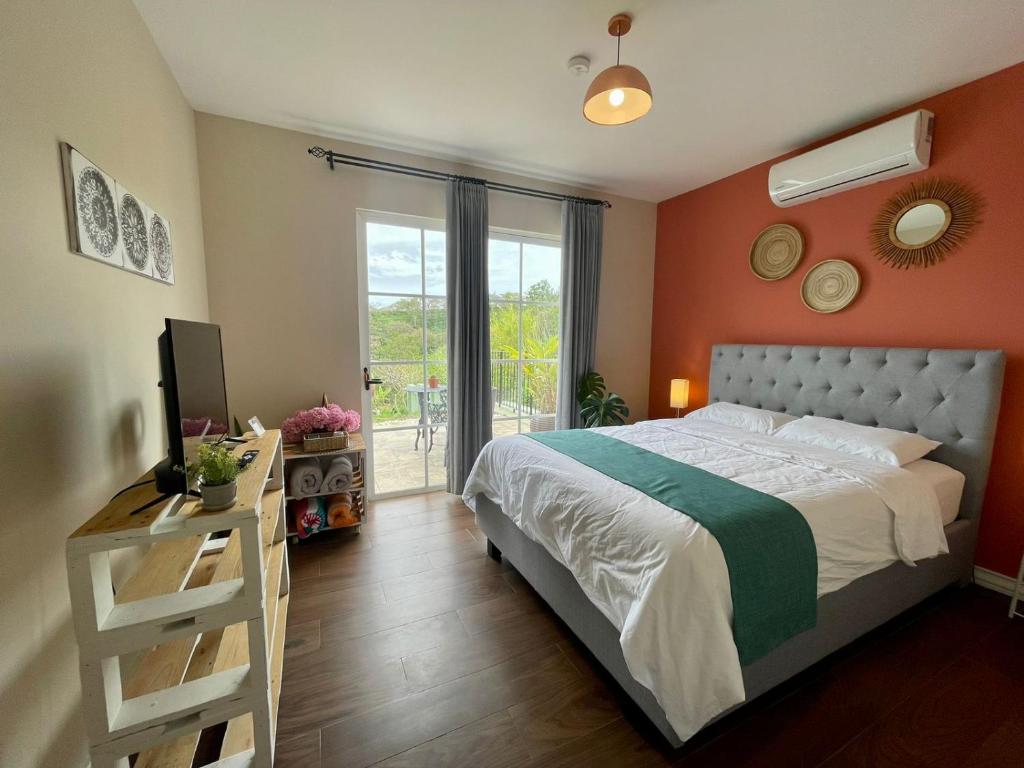 阿拉胡埃拉Airb nb private rooms close to the airport Juan Santa María的一间卧室设有橙色的墙壁和一张带电视的床。