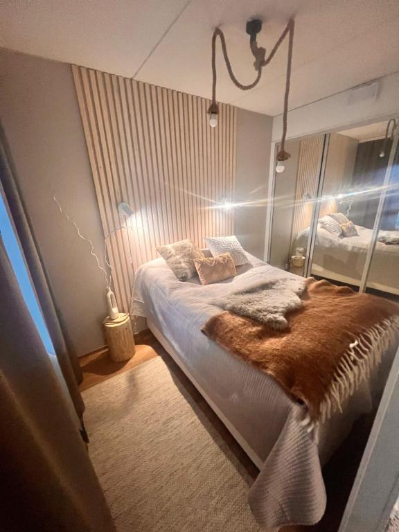 塞伊奈约基2 Room / Central Railway / Free parking的一间卧室配有一张带棕色毯子的床