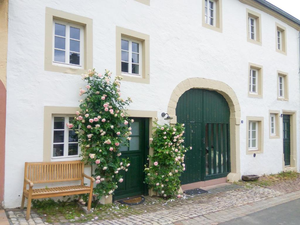 杜德尔多夫Living-in-History: Historischer Charme und Design的一座带绿门和长凳的建筑