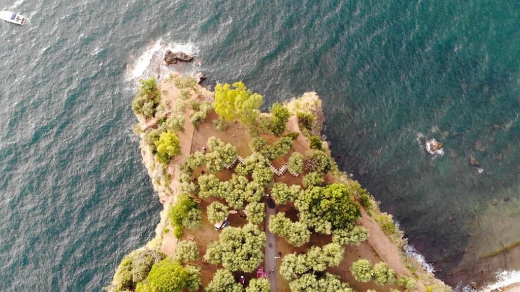 皮雅诺迪索伦托Sopramare Resort的海洋岛屿的空中景观