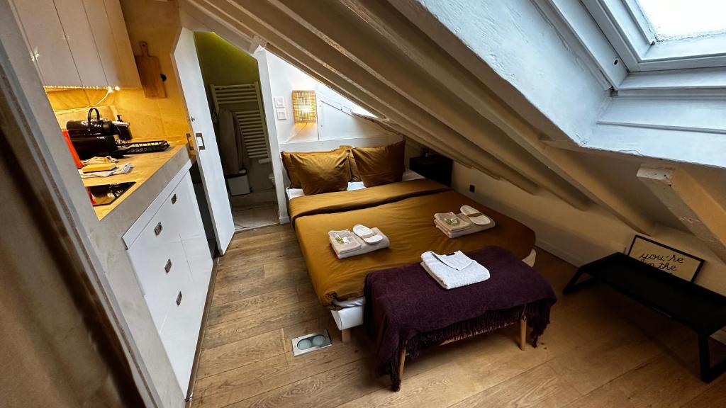 巴黎Marais Rooftop Studio - Metro Filles du Calvaire的一间小卧室,阁楼上配有一张床