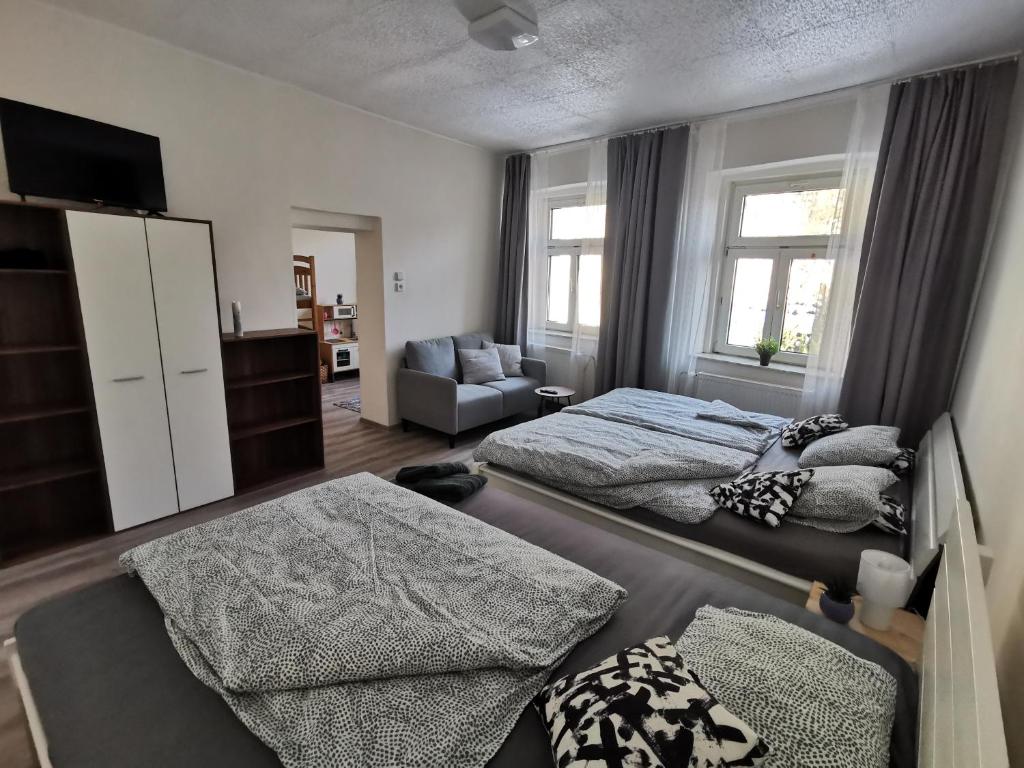 亚希莫夫Apartmány Cipriani的一间带两张床和一张沙发的卧室