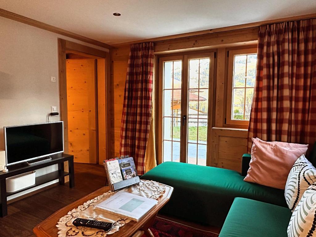 茨韦西门One Bedroom with mountain and garden view ground floor of Chalet Solaria的客厅配有绿色沙发和电视