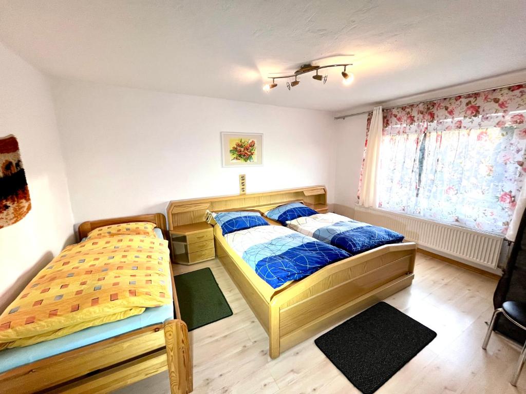 莱奥本Private Wohnung的一间卧室设有两张床和窗户。