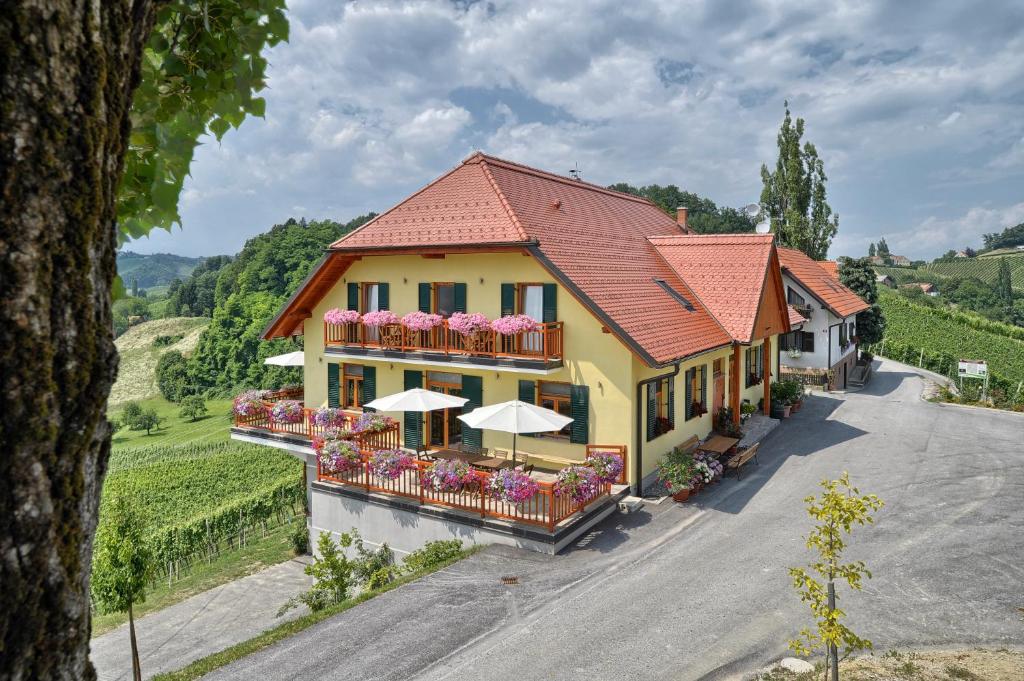 Svečina贾克葡萄园农舍民宿的享有带鲜花和遮阳伞的建筑的空中景致