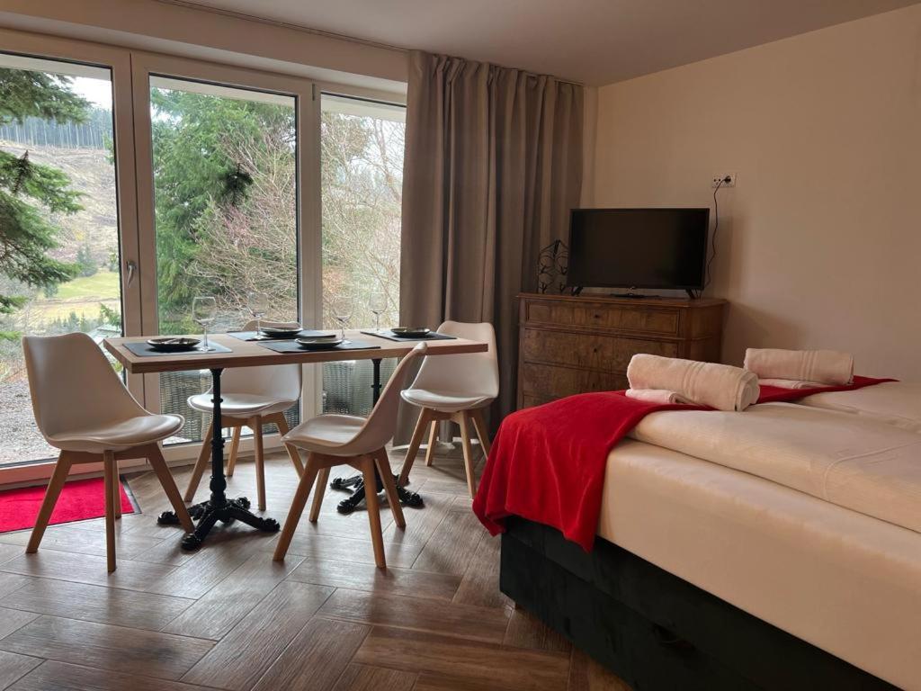 费尔德伯格BergOase-Apart am Feldberg的一间卧室配有桌椅和电视。