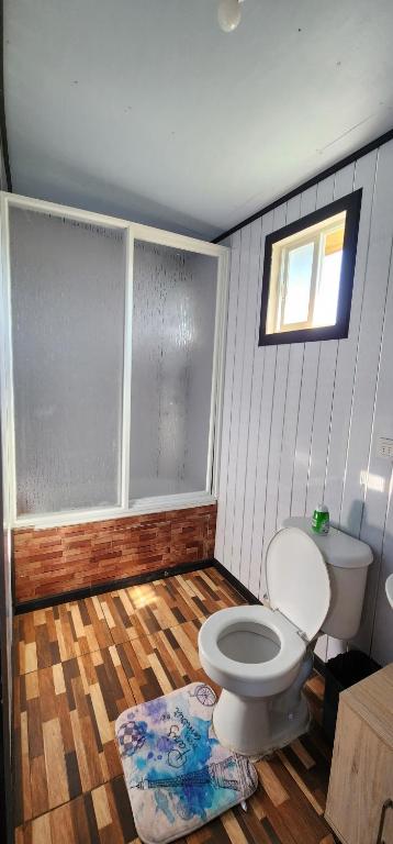 达卡卫Cabaña buck的一间带卫生间的浴室、一个窗户和地毯