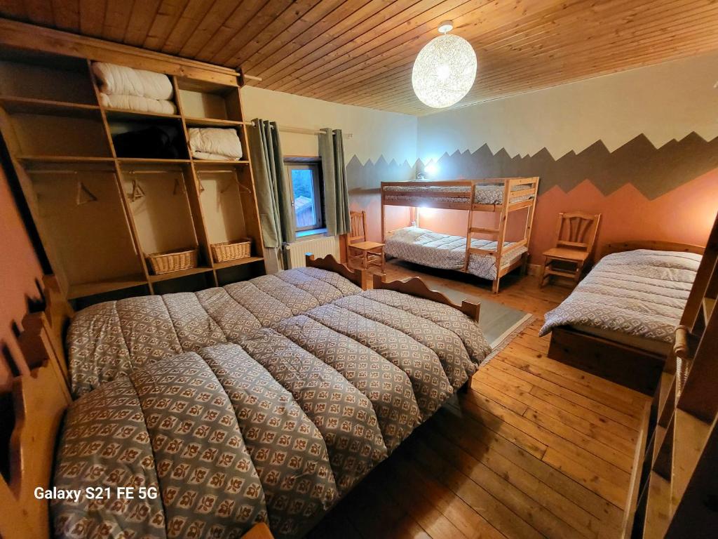莱鲁斯Gîte du Grand Cher的一间卧室配有一张大床和一张双层床。