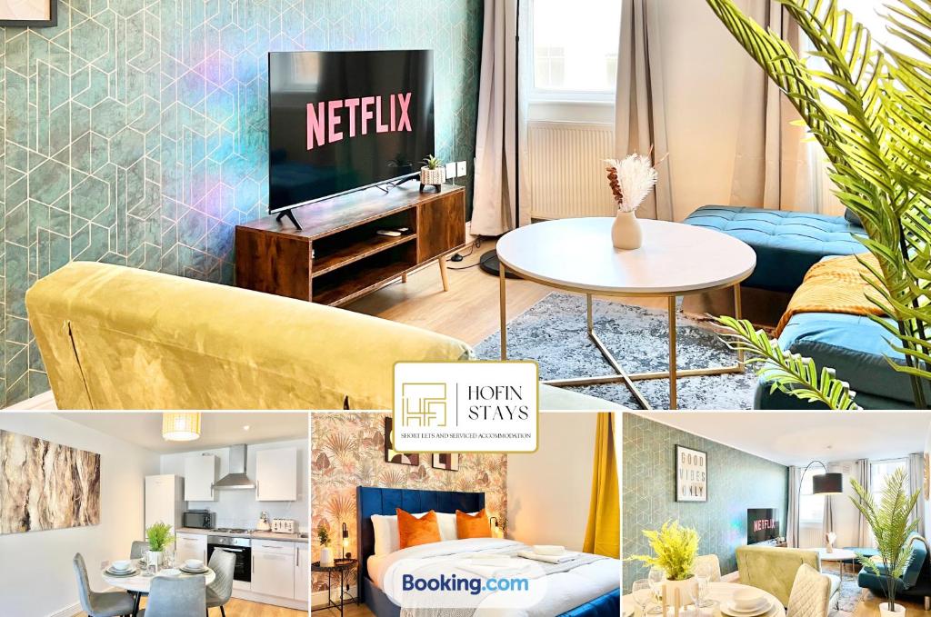 伦敦2 Modern Double Bed Apartment for 6 Guests By Hofin Stays Short Lets & Serviced Accommodation的客厅里的照片拼在一起,配有电视