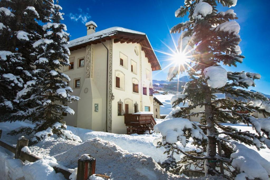 利维尼奥White Pine Lodge Livigno的雪中,有树和太阳的建筑物