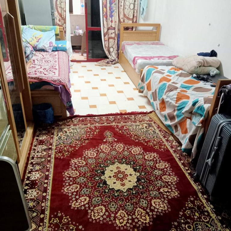 十月六日城بيت الطالبات والمغتربات的一间设有两张床的客房,地板上铺有地毯。