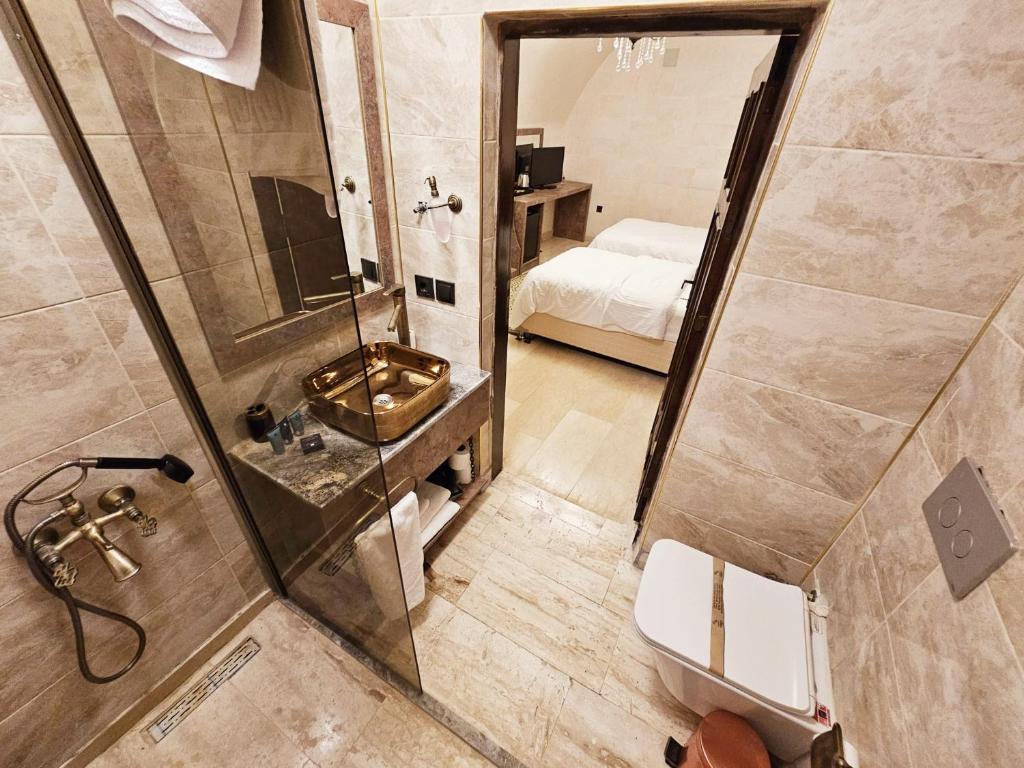 AcırlıAslanbey Konağı Butik Otel的带淋浴、盥洗盆和镜子的浴室