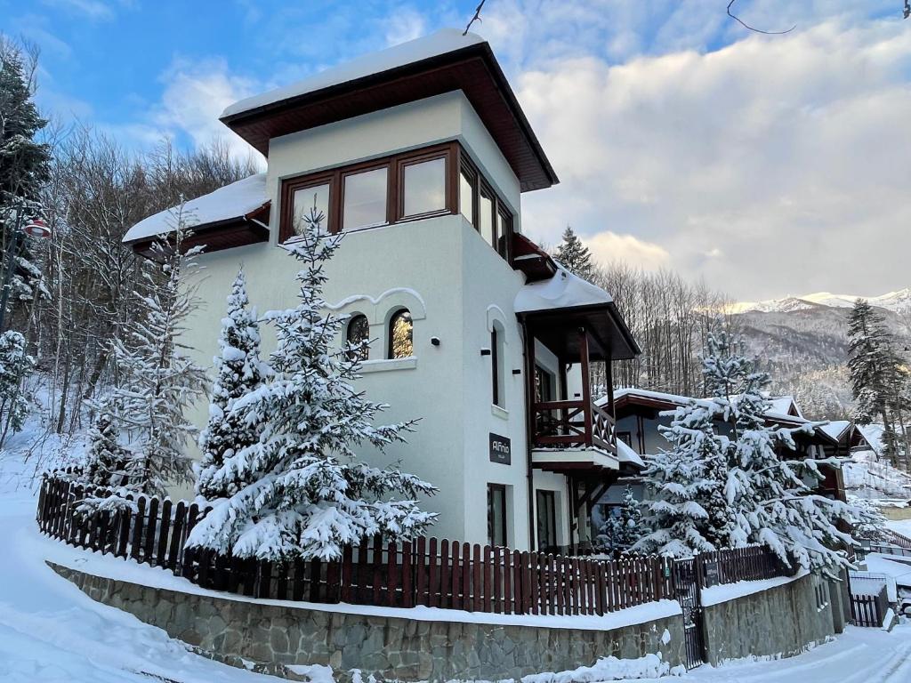 锡纳亚Alfinio Villa的雪覆盖着栅栏和树木的房子