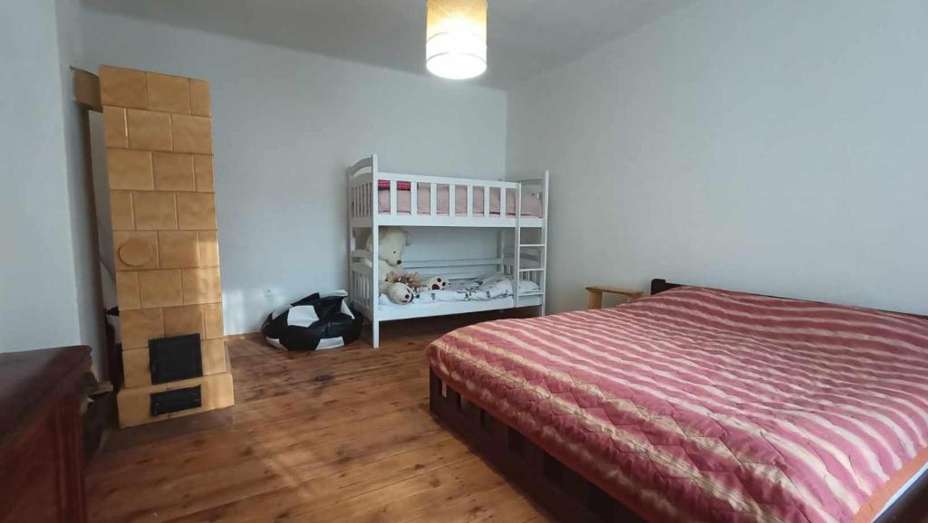 SabinovRodinná chata v rekreačnej oblasti DRIENICA的一间卧室配有一张床,铺有木地板