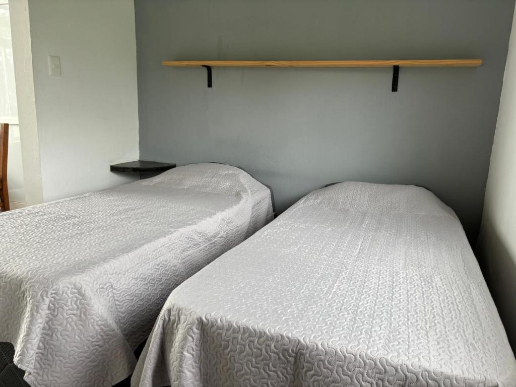 科洛尼亚-德尔萨克拉门托Complejo Las Palmeras的两张睡床彼此相邻,位于一个房间里