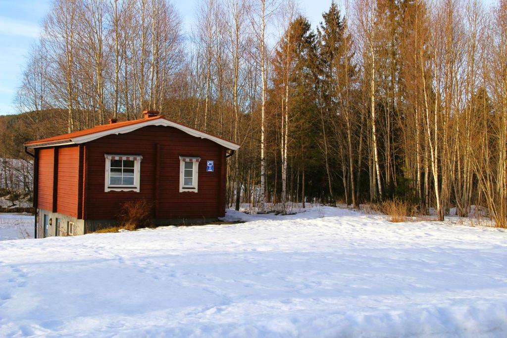 图什比Fristad Nature House的森林中雪地中的小屋
