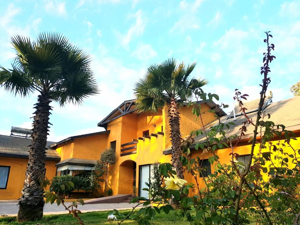拉塞雷纳Casa Felice Altovalsol的两棵棕榈树的建筑