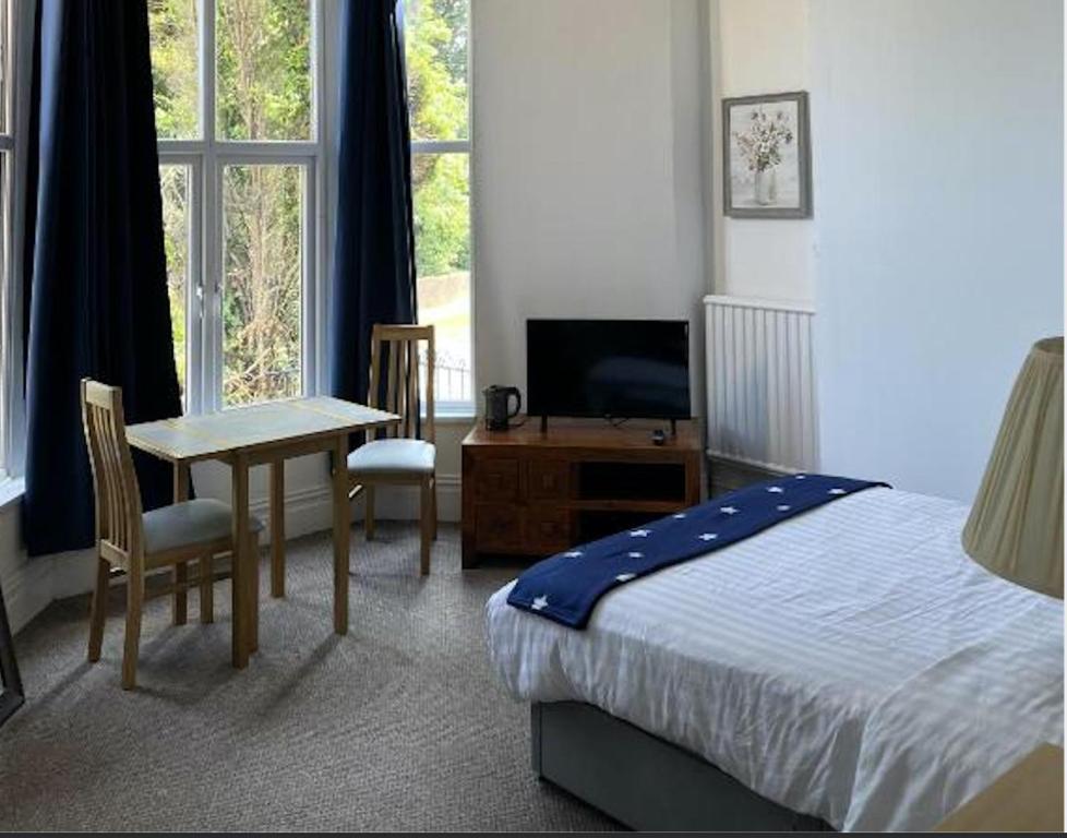 斯旺西Ensuite Double Room, by Swansea University, Sketty, R2的一间卧室配有一张床、一张书桌和一台电视