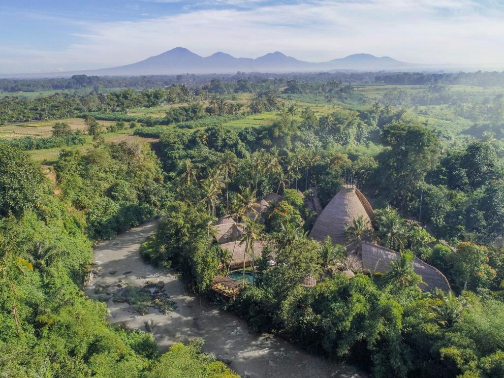 乌布Fivelements Retreat Bali的享有丛林空中景色,背景是群山