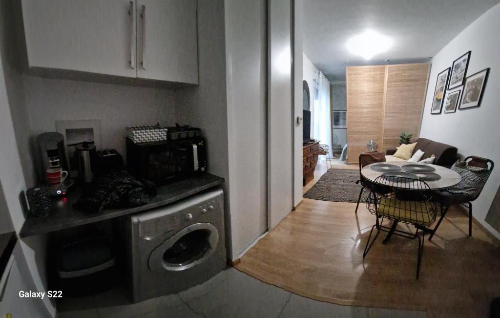 圣旺Saint Ouen Appartement cosy的厨房以及带桌子和洗衣机的客厅。