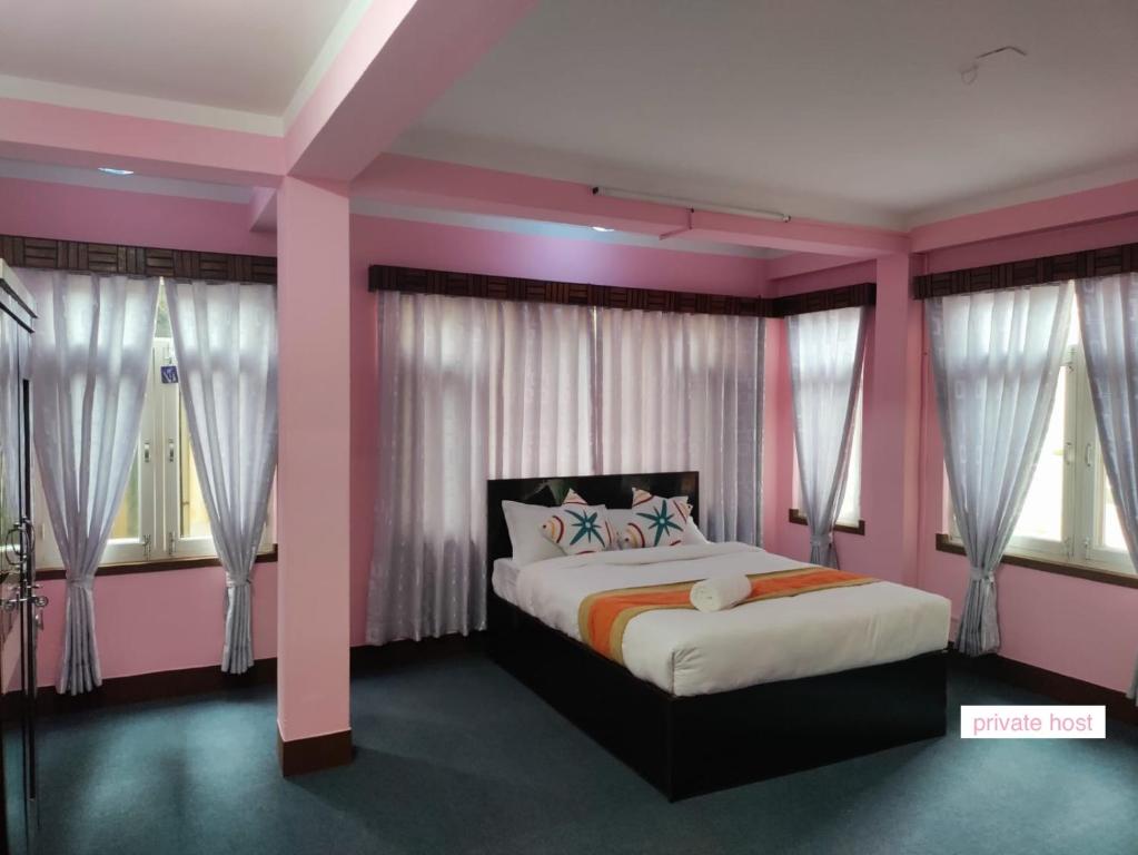 加德满都Andrew Home的一间卧室配有一张粉红色的墙壁和窗户。