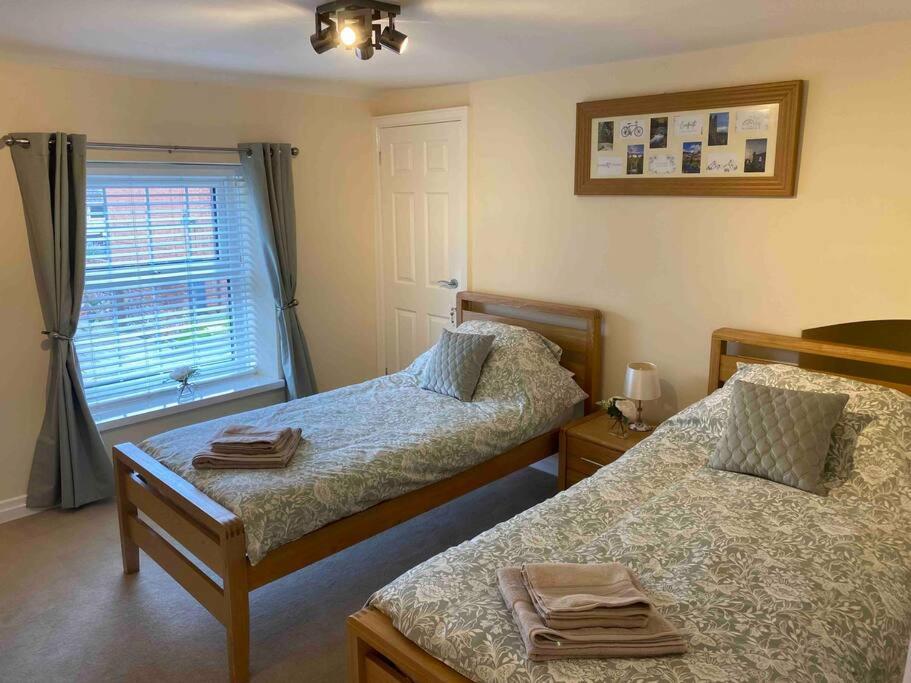 CoedpoethA Homely Welsh Cottage on Heol Maelor的一间卧室设有两张床和窗户。