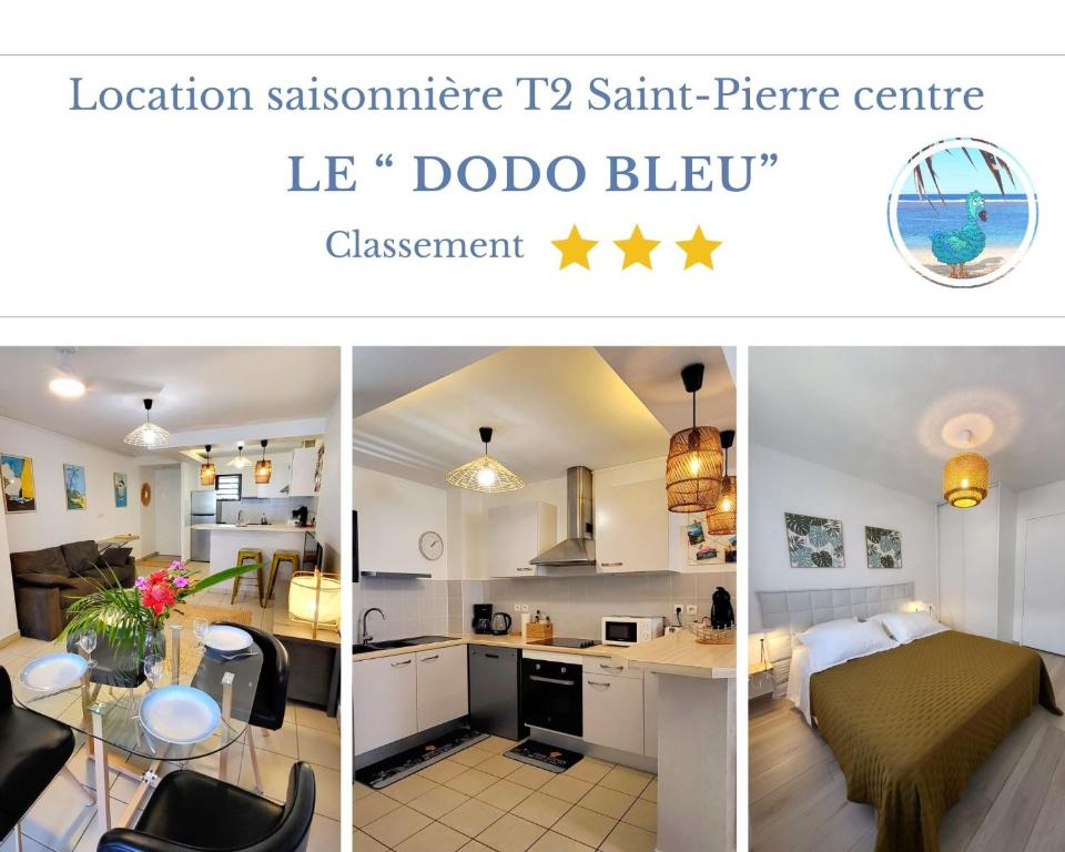 圣皮埃尔Le dodo bleu的一个厨房和一个客厅的三幅画的拼贴图