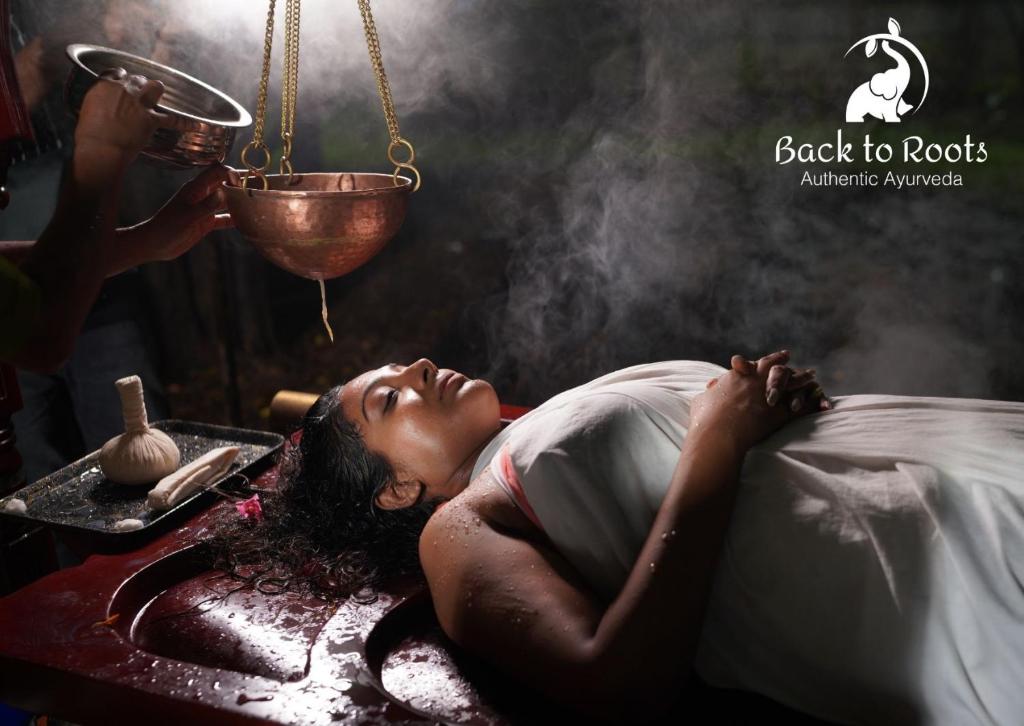 Kizhake ChālakudiBack to Roots Ayurveda Retreat的躺在浴室床边的女人