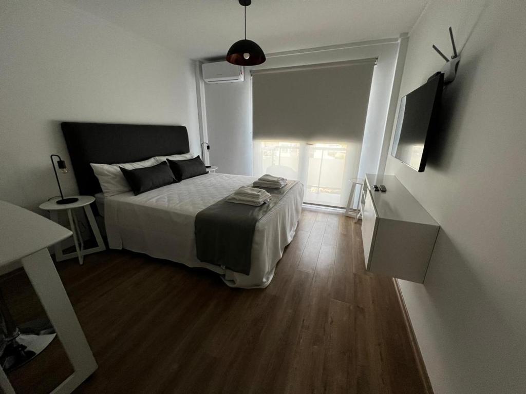 内科切阿NECOCHEA Centro MONOAMBIENTE PARA 2 PERSONAS的一间卧室设有一张大床,铺有木地板