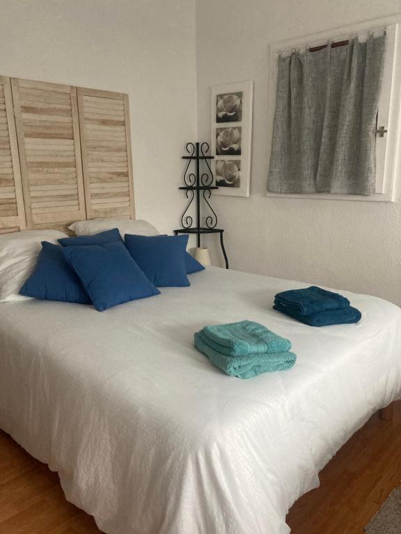 阿雷斯Appartement duplex lumineux idéalement situé的一张带蓝色枕头的大型白色床