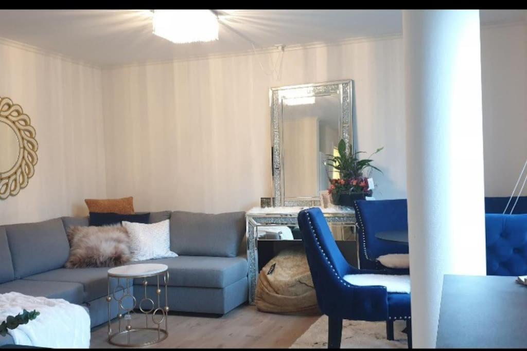 奥勒松Niklas Ålesund City Center Apt. (sleep: 3 pers).的客厅配有蓝色的沙发和镜子