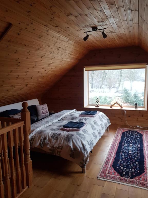 坎达瓦Čapuliši的一间位于小屋内的卧室,配有一张床和一个窗户