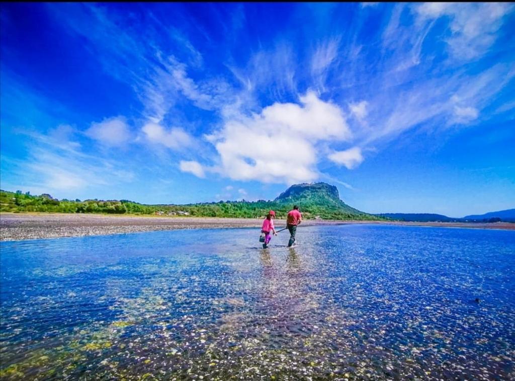 奥尔诺皮伦CABAÑA HUALAIHUE AUSTRAL的两个人在海滩上散步