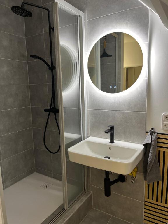 哈姆Gemütliches Apartment mit Arbeitsplatz, Smart-TV, WLAN in Hamm Mark的浴室配有盥洗盆和带镜子的淋浴
