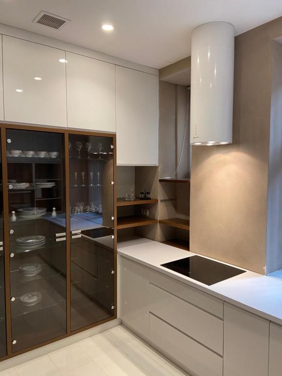 萨拉热窝Capital apartments Sarajevo的厨房配有白色橱柜和不锈钢用具