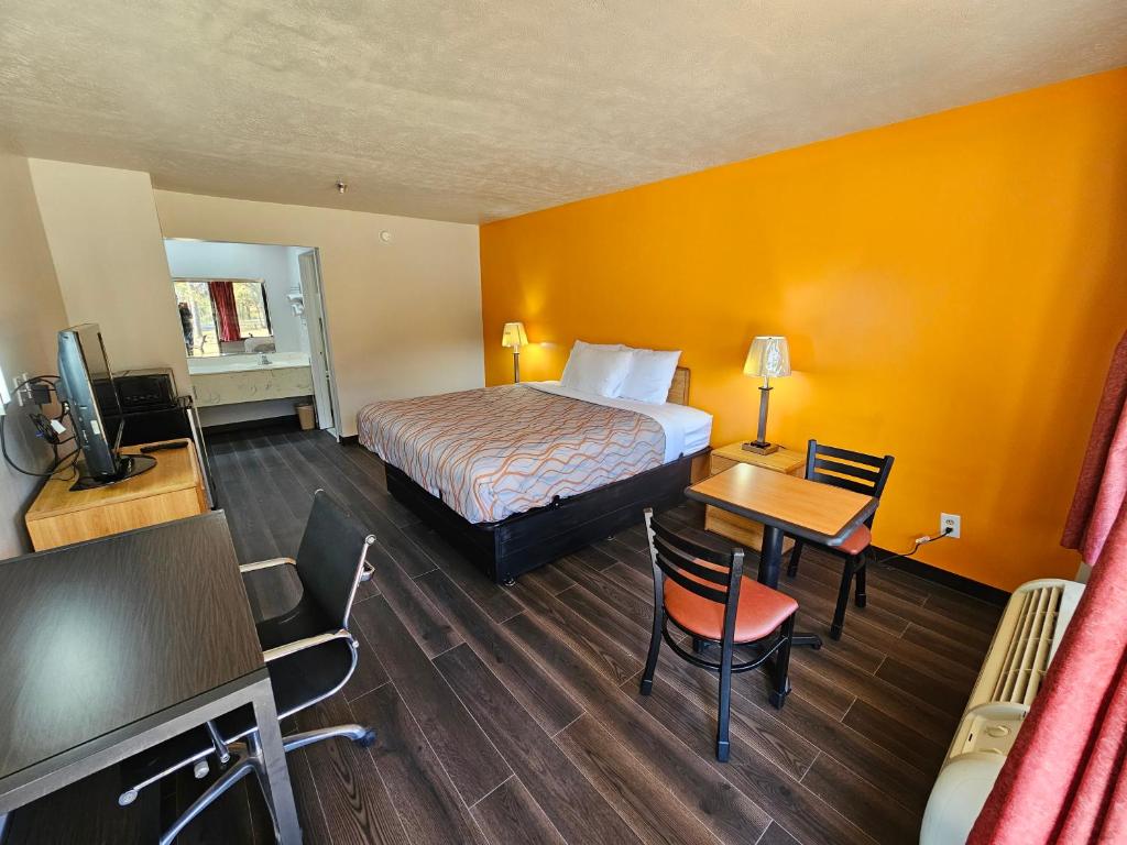 布兰登TRAVEL INN的酒店客房配有一张床、一张书桌和一台电视。