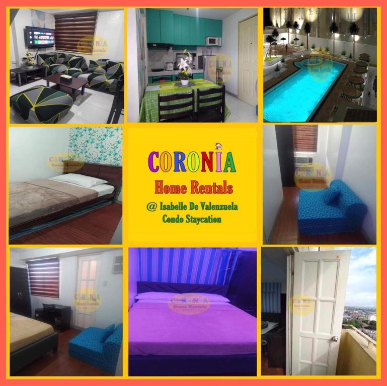 马尼拉Isabelle De Valenzuela Condo Staycation in Marulas Valenzuela的一张酒店客房的照片拼凑而成,房间带游泳池