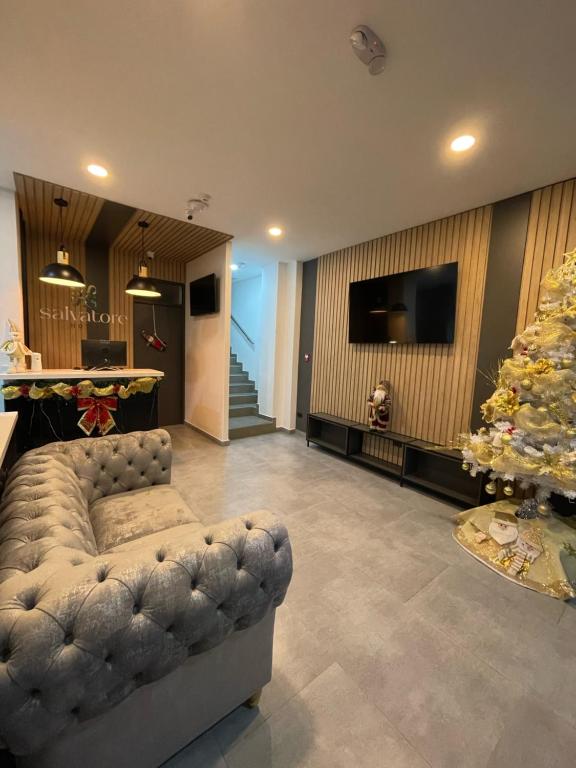 派帕HOTEL SALVATORE的带沙发和圣诞树的客厅