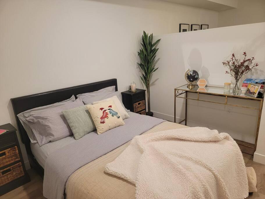 圣地亚哥Amazing big studio near Balboa Park Jacuzzi rooftop free parking!的一间卧室配有一张带枕头的大床