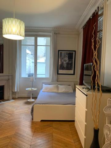 巴黎Studio à Paris près du Pont Mirabeau et Tour Eiffel的一间卧室配有一张床和一台电视