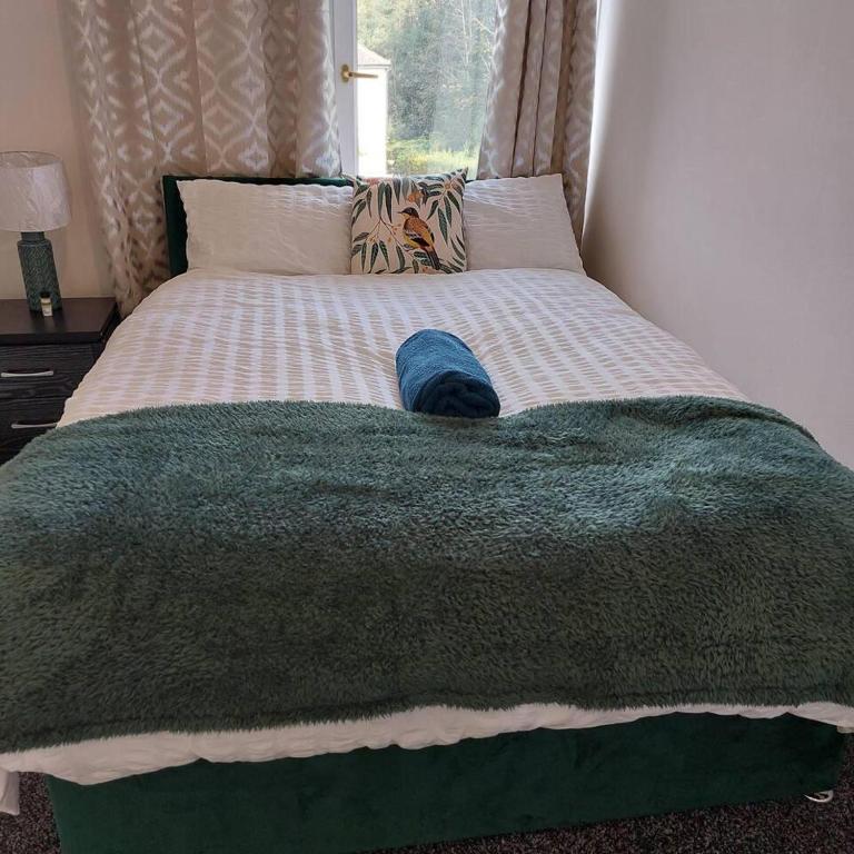 阿克灵顿4-Bed House in Accrington的一张带绿毯和帽子的床
