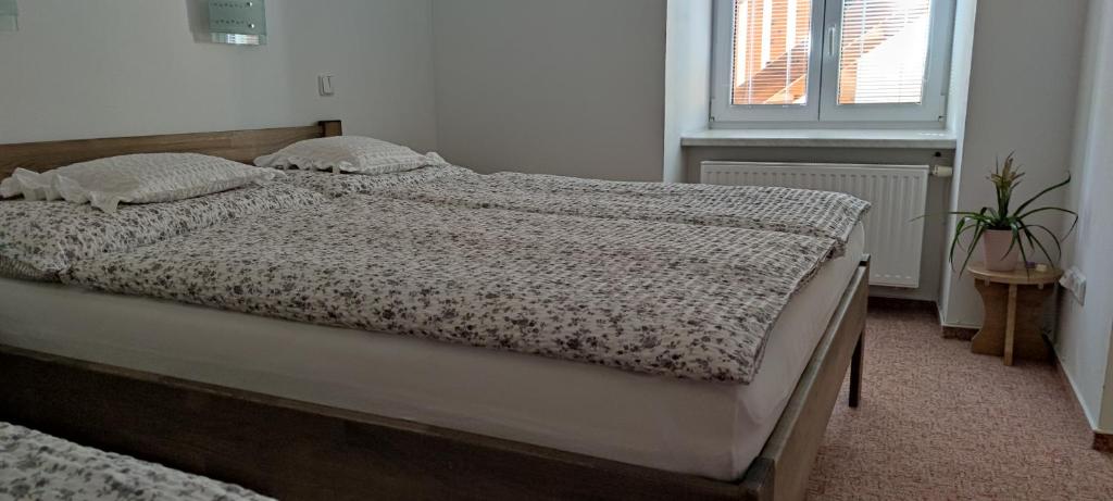 伏尔塔瓦河畔赫卢博卡Apartmán Hluboká nad Vltavou的一间卧室配有一张带床罩的床和窗户