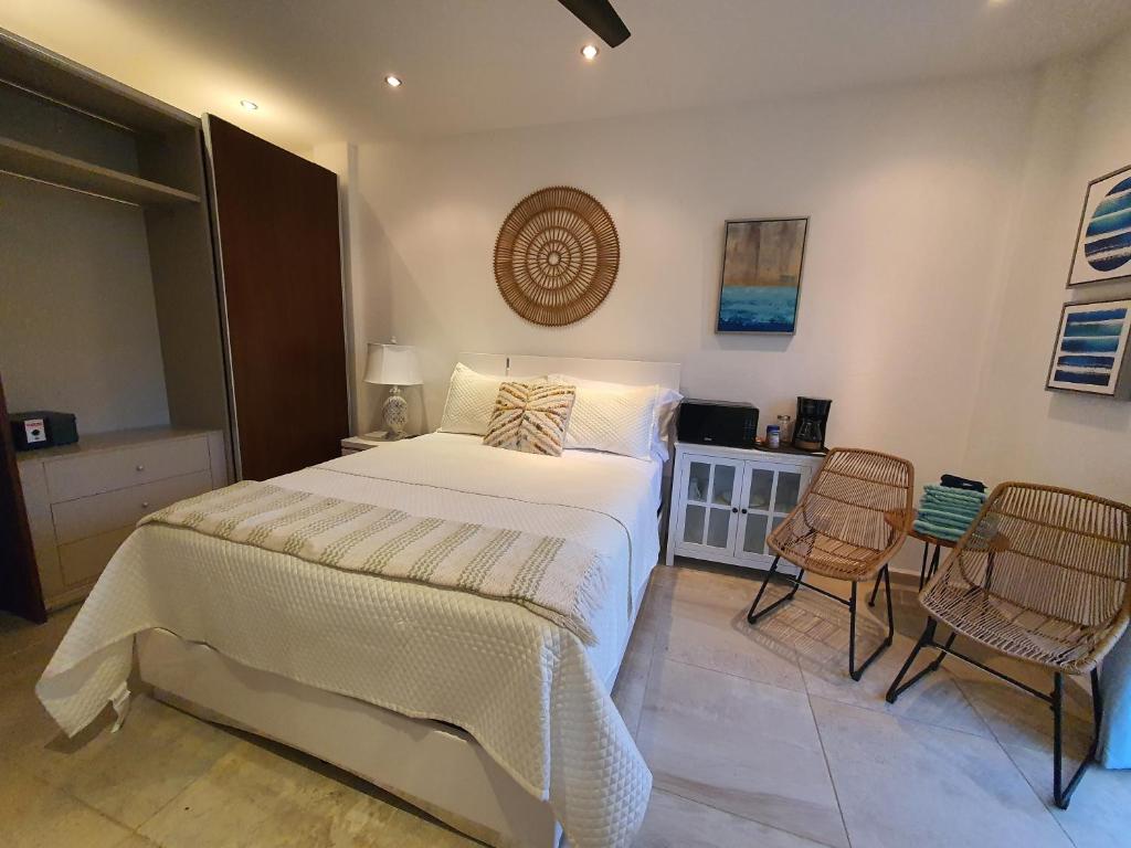 罗阿坦Las Palmas Joliet的一间卧室配有一张大床和两把椅子
