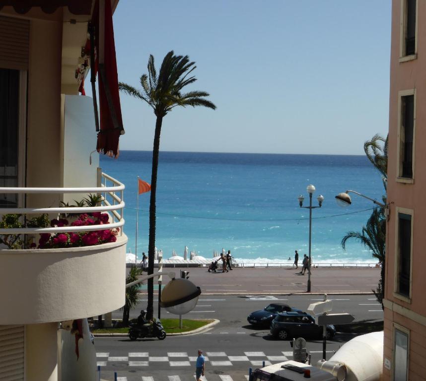 尼斯梅耶贝尔公寓的享有棕榈树海滩和大海的景色