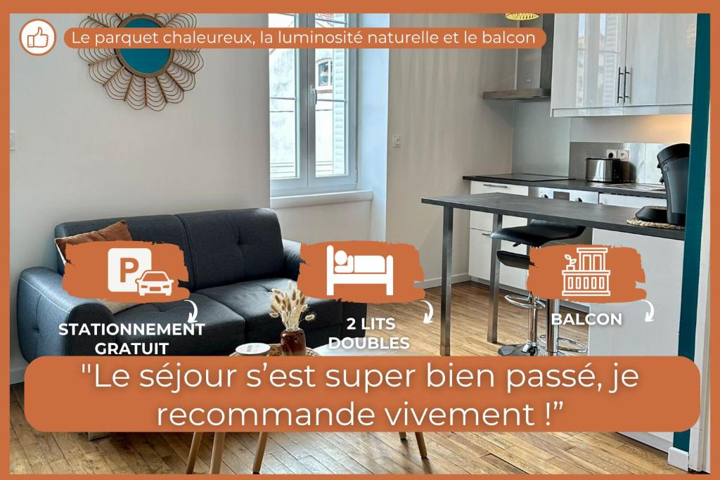 布雷斯地区布尔格Le Tournassin-Balcon-Stationnement gratuit的带沙发的客厅和厨房