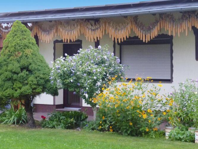 吕本Bungalow in L bben with a terrace的院子里一束鲜花的房子