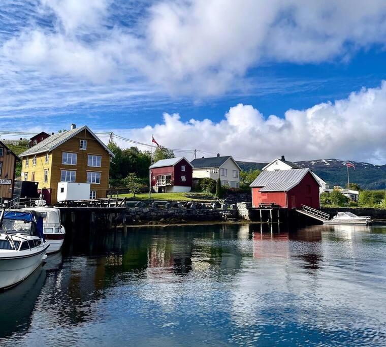 Hus ved Valsøyfjorden的一群水中的房子和船