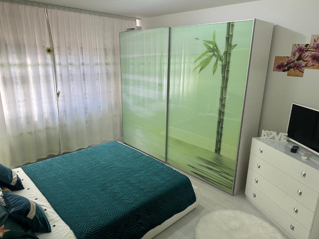德瓦Inchisa的卧室设有大型玻璃淋浴间和电视。