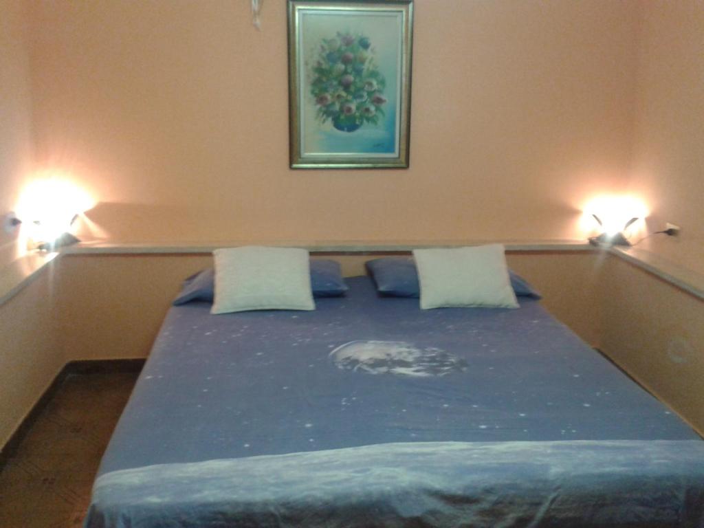帕拉比塔Villetta In Campagna的一张带两个枕头的床,房间有两个灯