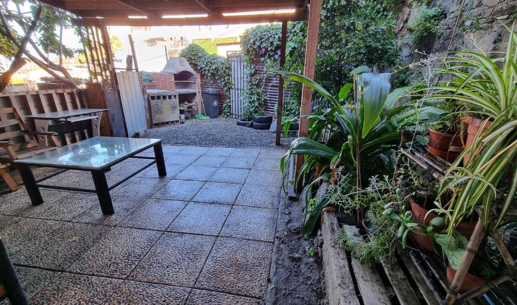 瓦尔帕莱索Casa 2h 2b con patio y quincho的一个带桌子和一束植物的庭院
